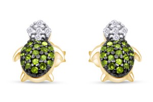 Authentic 1/6 Ct Green & White Natural Diamond Turtle Earrings 14K Yellow Gold Plated