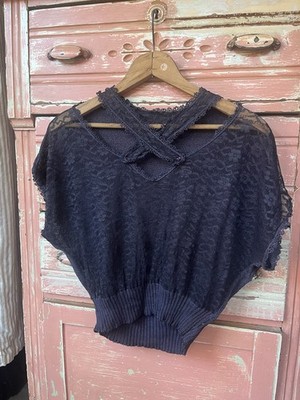 Antique Vintage 30s 40s Art Deco Knit Lace Navy Cotton Blouse Top S/M
