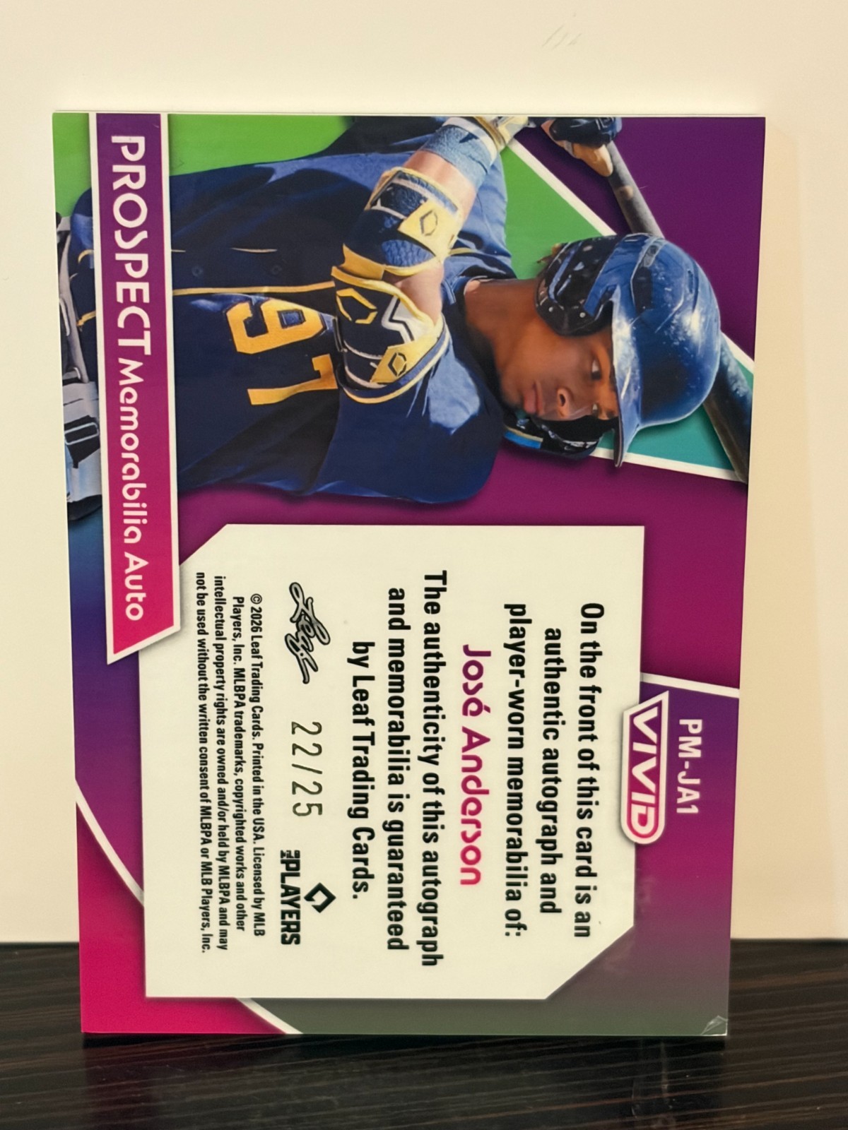 2026 Leaf Vivid Jose Anderson 22/25 Auto Patch Milwaukee Brewers 19YO prospect view 2