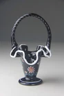 Fenton Handpainted Black Glass Floral Trumpet Basket w. White Trim Signed!