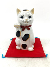 Maneki Neko Japanische Keramik Figur Vintage Gl&uuml;ckskatze Statue mit rotem...