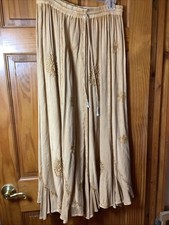 Womens L Bohemian Tan Embroidered Maxi Skirt Elastic Waste