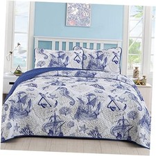 Blue Quilt Set Queen Coastal Beach Quilt Queen 90"x 96" Blue Sailing