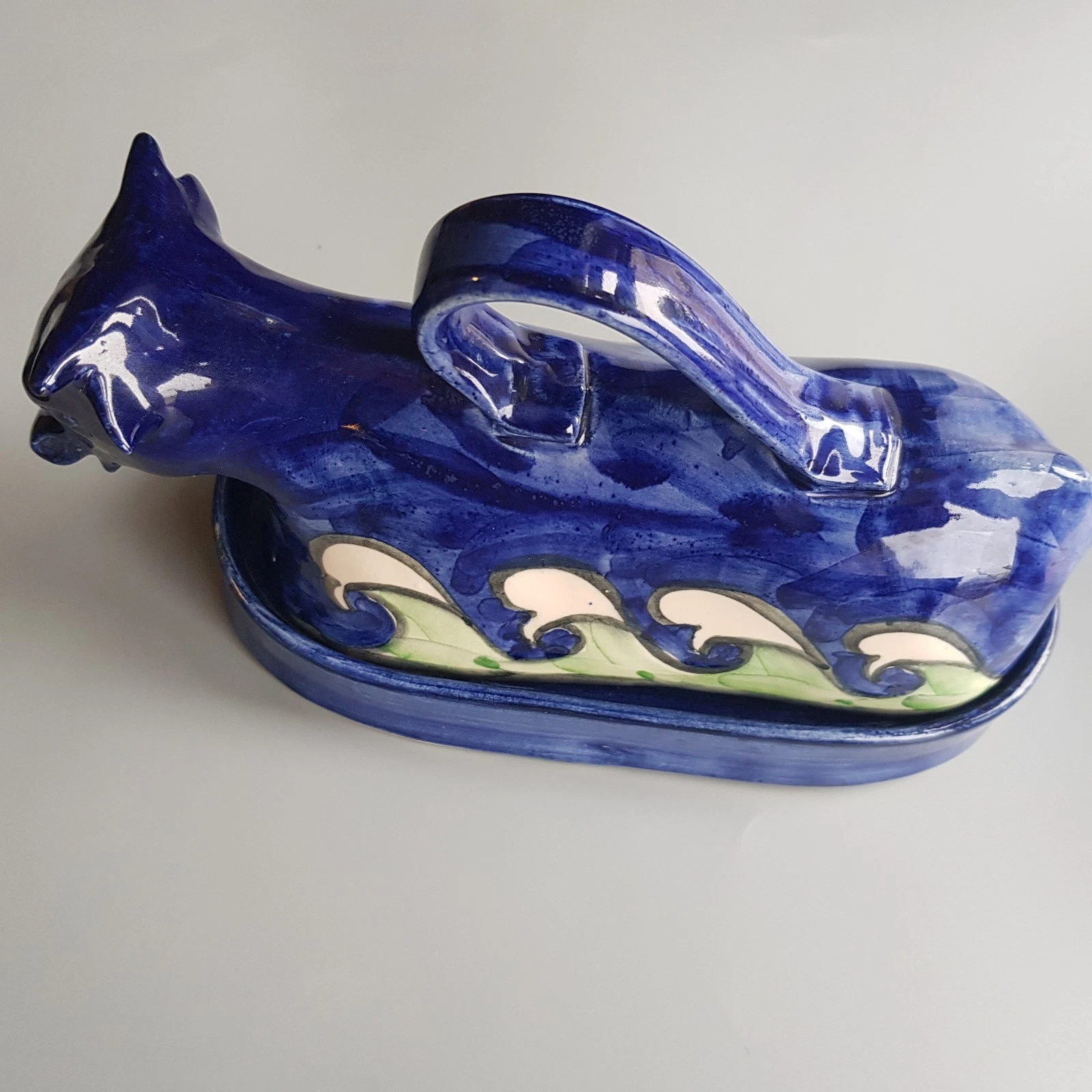Art Pottery Blue Cow butter cheese dish cobalt art glazed England handcrafted