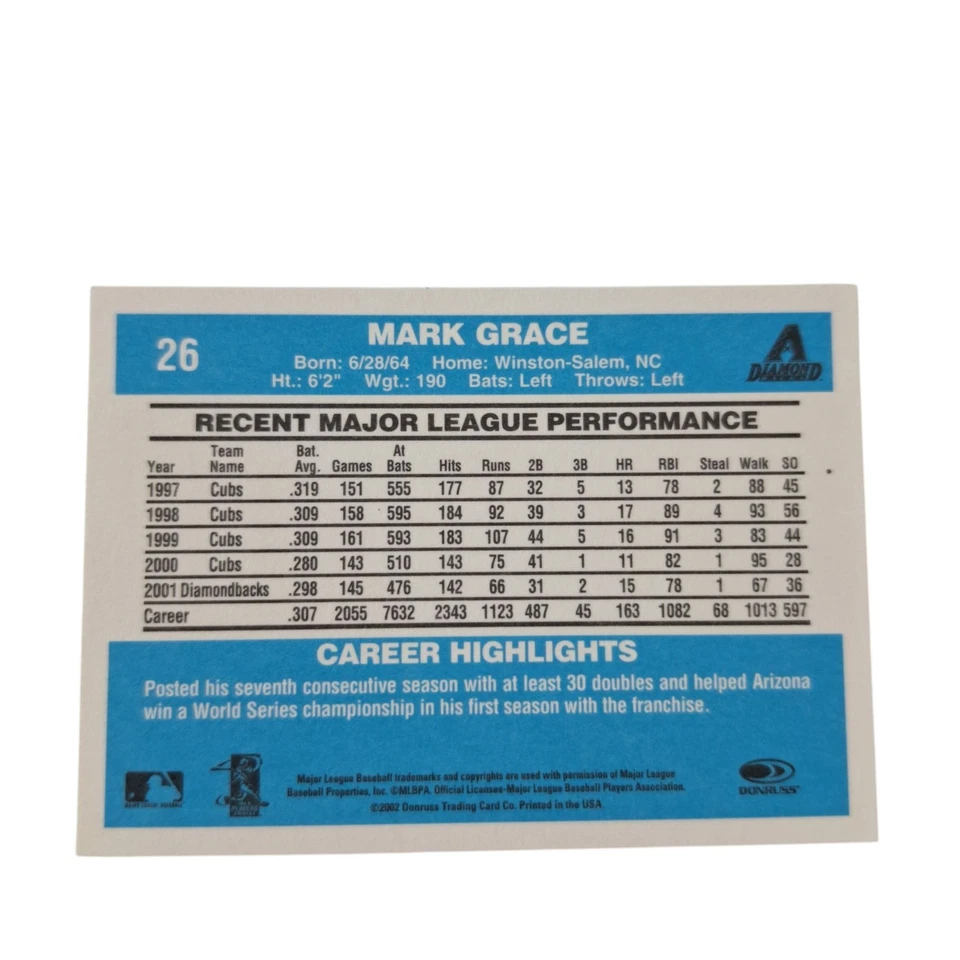 2002 Donruss Originals Mark Grace #26 Arizona Diamondbacks MLB Baseball Card - Image 2 of 2