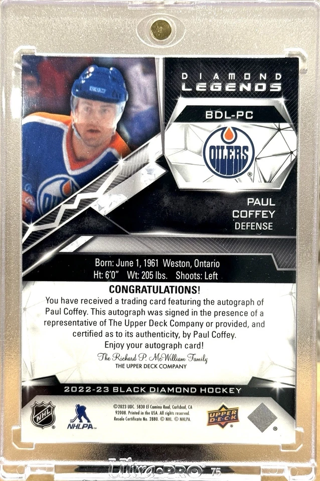 2022 UD Black Diamond Paul Coffey Auto Oilers #'d /15 SSP Diamond Legends - Image 2 of 2