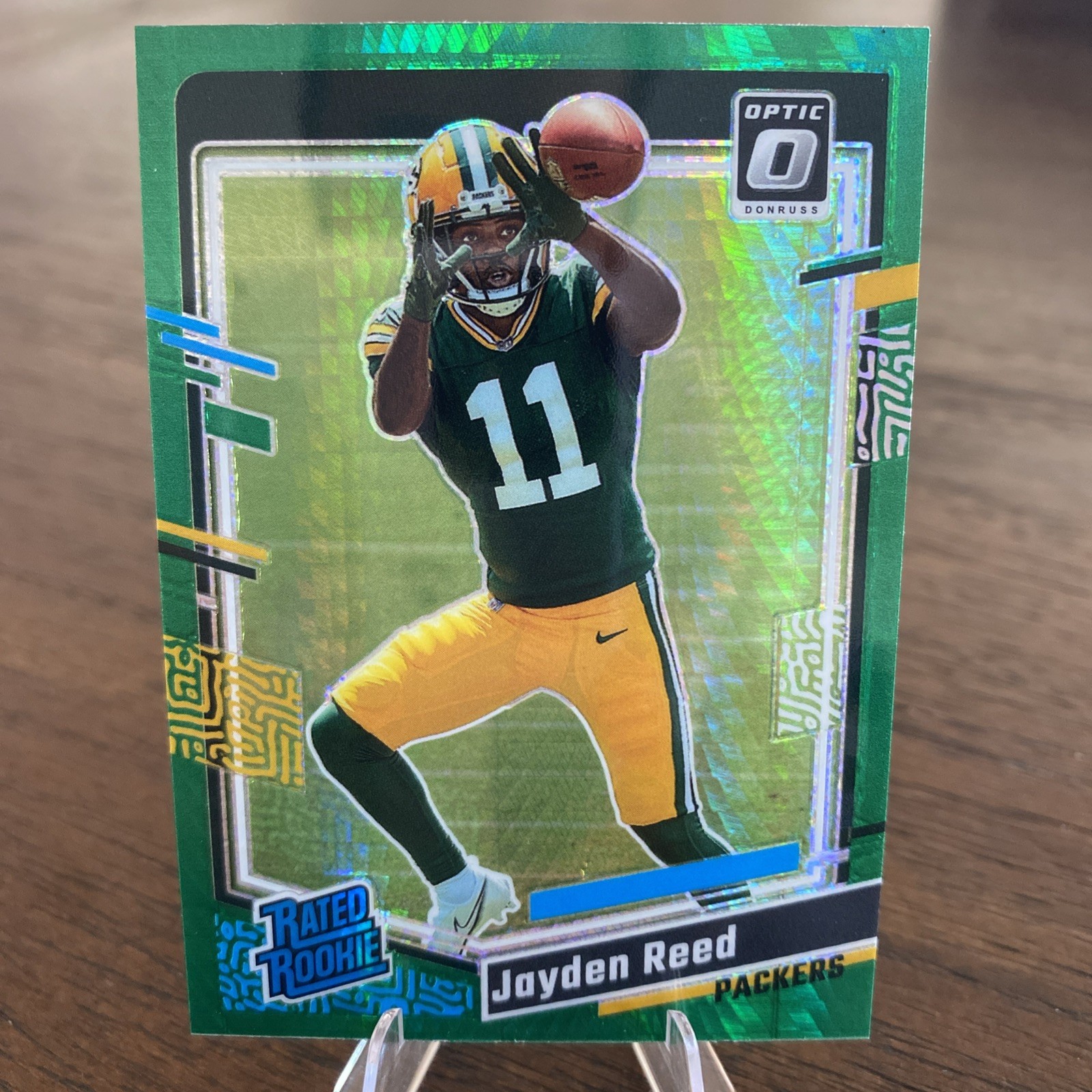 Jayden Reed 2023 Donruss Optic #239 Green Hyper Holo Prizm Rated Rookie RC