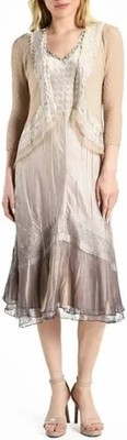 NEW, Koma Rov Beaded Neck Tiered Chiffon & Charmeuse Midi Dress Size S #LD0281