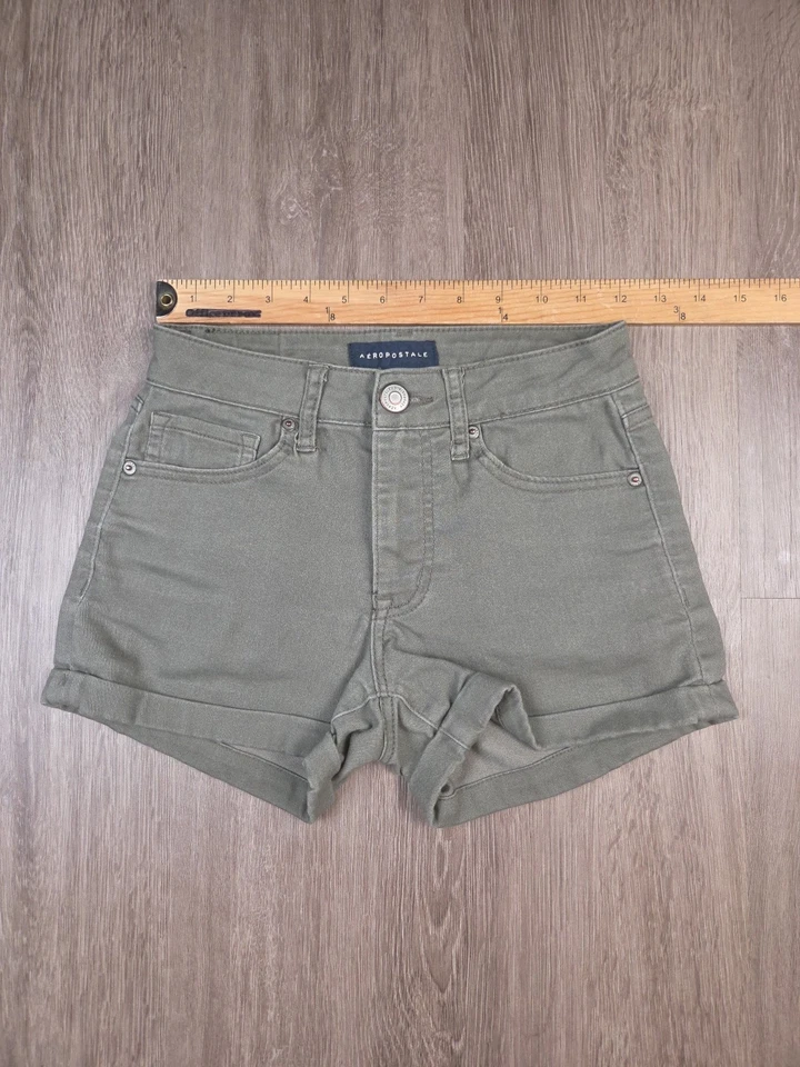 Pantalones Cortos Midi Para Mujer Aeropostale Cintura Alta Talla 00 Verde Diseño 5 Bolsillos Puños Foto 2 de 4