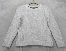 Tommy Hilfiger Sweater Womens Medium Gray Cable Knit Pullover Crewneck Logo