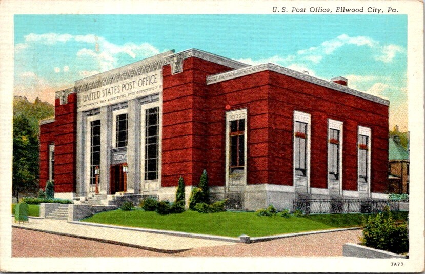 Ellwood City Pennsylvania Post Office Red Brick Building Vintage Postcard  18576