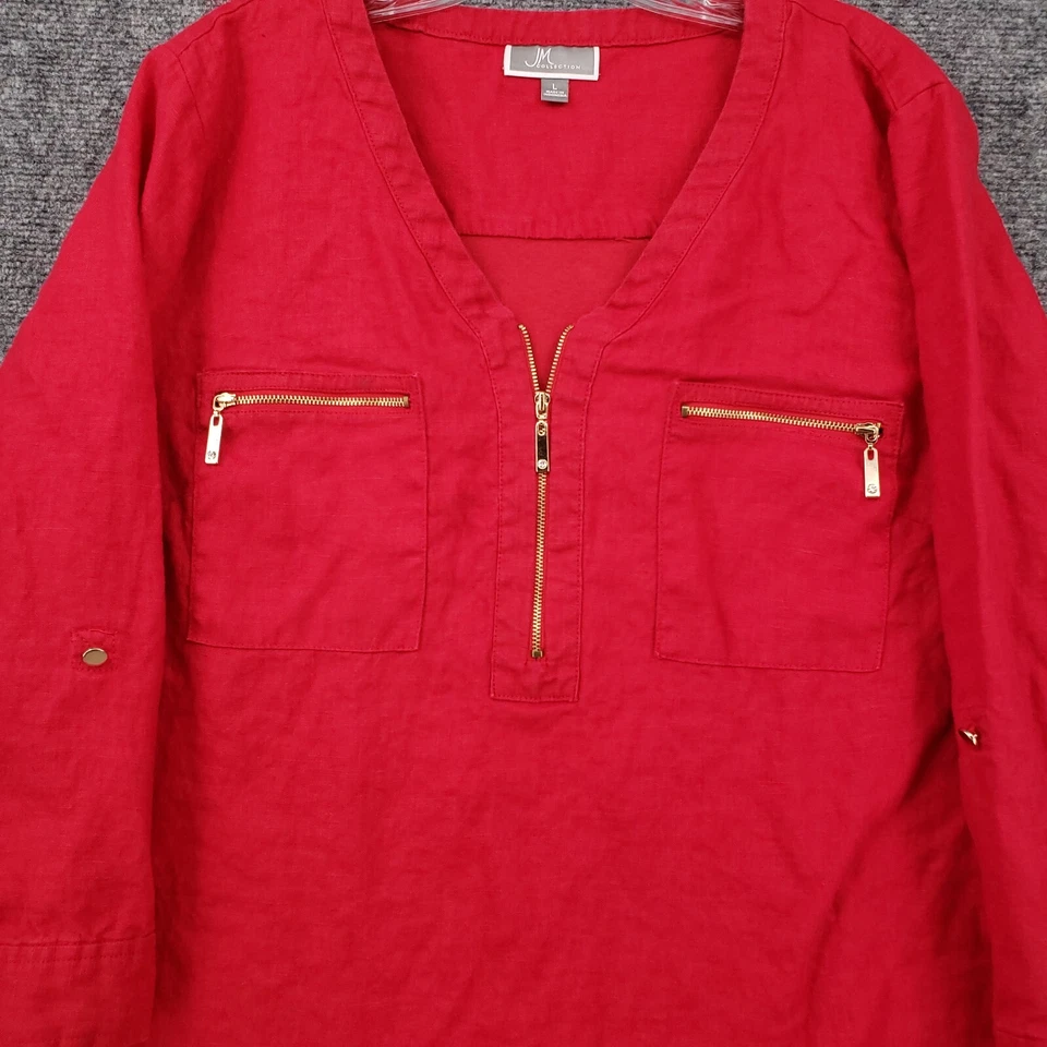 JM Collection 女式大号红色 1/4 拉链口袋 V 领 3/4 袖亚麻混纺 — 第 3/4 张图片