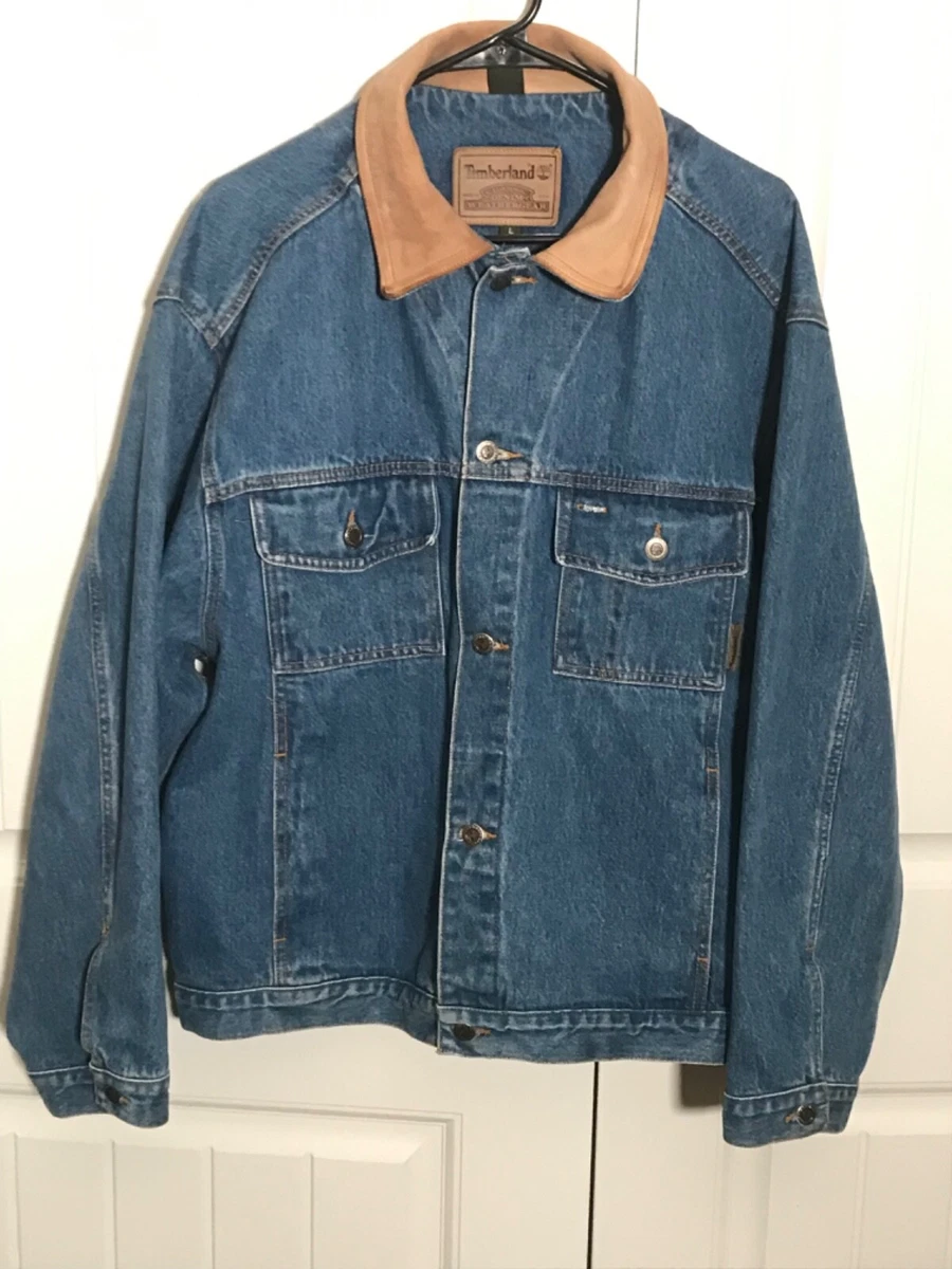 Timberland denim jacket leather clearance collar