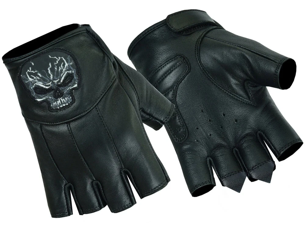 Mens Leather Motorcycle Fingerless Gloves w/ Reflective Skull Design & Gel Palm
