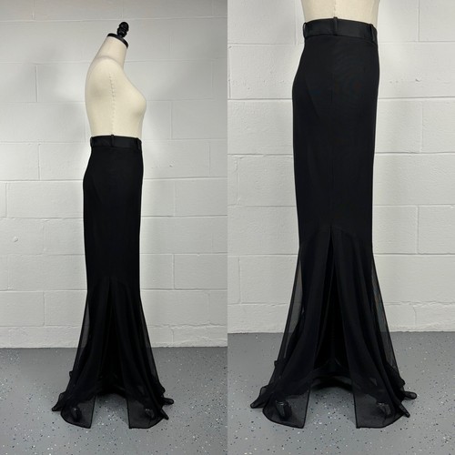 Vintage Y2K Black Jumbo Bell Bottom Pants Sheer Mesh Overlay High Split Hem 12 - Picture 9 of 22