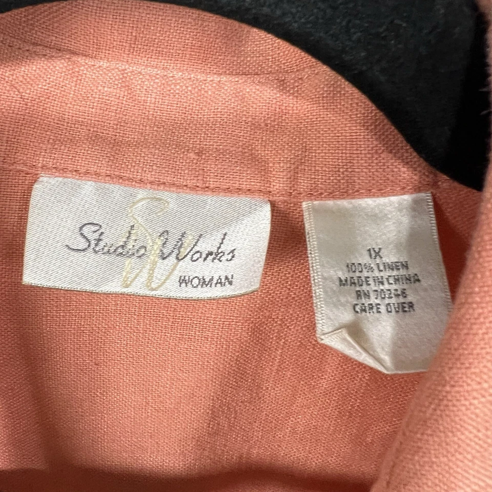 Studio Works Shirt Womens 1X Coral Button Up Long Sleeve 100% Linen  Classic - Image 3 of 4
