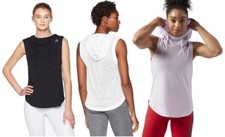 Reebok Womens Workout Ready Sleeveless Hoodie, Black / White / Purple, Pick Size
