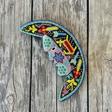 HUICHOL 8" Carved Wood BEADED Mexican MOON Folk Art Figure SIGNED!