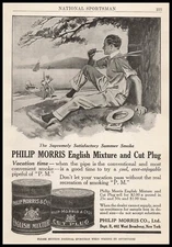1912 Philip Morris English Mixture & Cut Plug Tins Vacation Art Vintage Print Ad