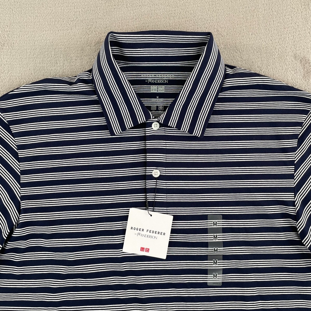 Uniqlo Roger Federer By JW Anderson AIRism Polo Shirt Men Med Blue Striped  NWT