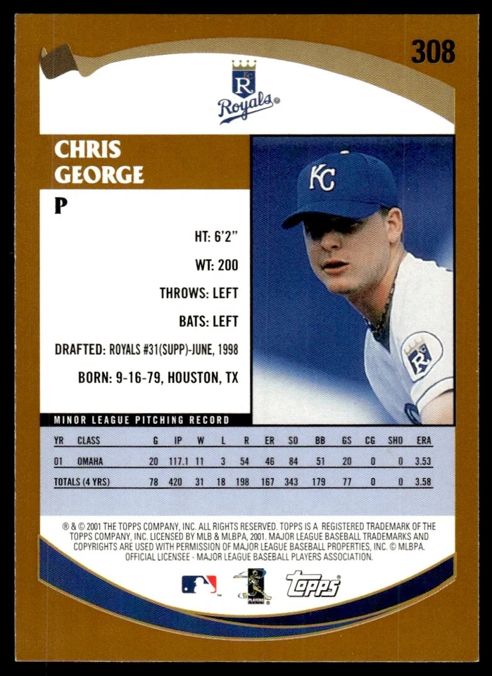 2002 Topps Baseball Card Chris George D Kansas City Royals #308 - Image 2 of 2