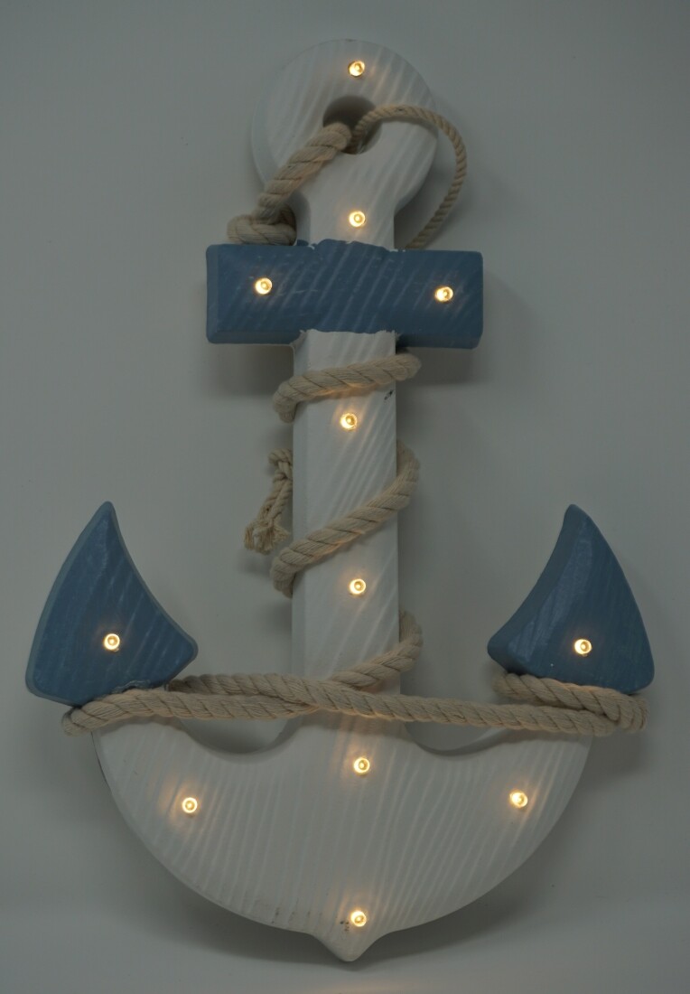 maritime Shabby Dekoration Holzanker mit Seil LED Beleuchtung Boot Schiff Anker