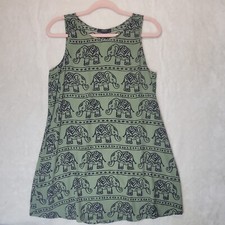 Forever 21 M Woman's Tank Mini Dress / Tunic Olive Green w/ Elephant Print