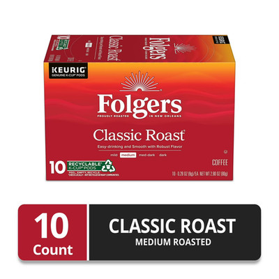 Folgers Classic Roast Coffee, Medium Roast, Keurig K Cup Pods, 10 Count Box