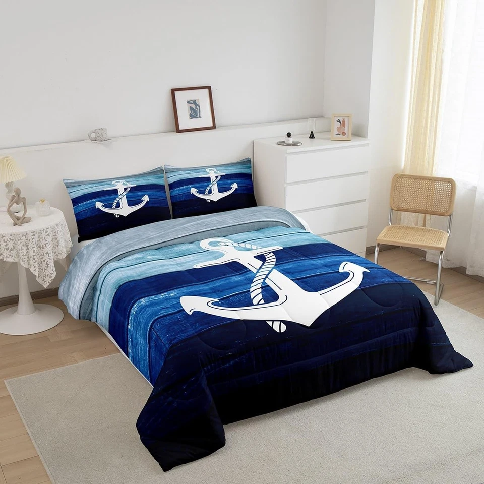 Conjunto de edredom branco âncora queen size, estilo náutico oceano aventura para baixo alt... - Imagem 2 de 4