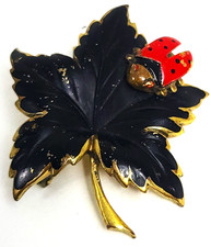 Vintage Germany Stamped Black & Gold Maple Leaf with Red Lady Bug Brooch/Pin