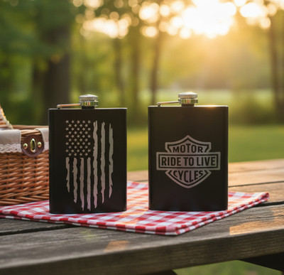 2 Pack Ride to Live & US Flag 8 oz. Stainless Steel Hip Flask Pocket Flask Set