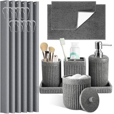 8-Piece Bathroom Sets with Shower Curtain and Resin Bath Set Complete Grey