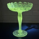 UV Reactive Uranium Glass Depression Era Pedestal Compote Etched Floral 7.75”