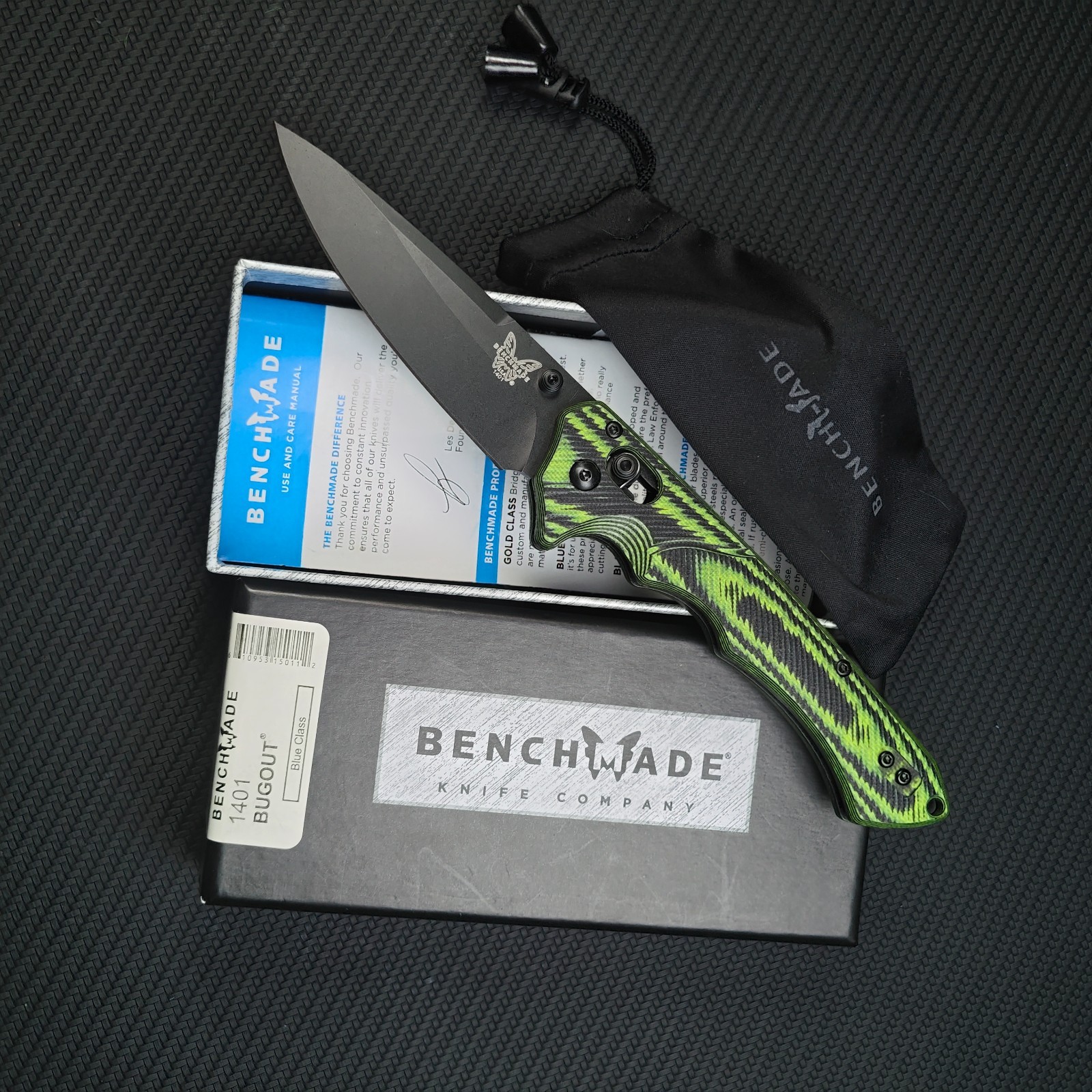 Benchmade 1401 Bugout Folding Knife Green Handle Black Blade Box Pouch USA