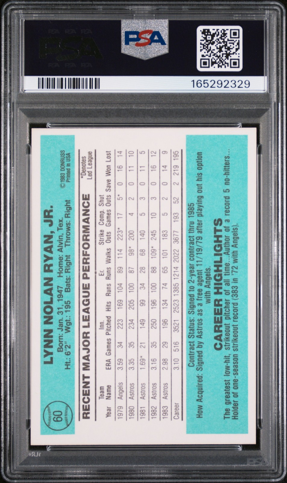 1984 DONRUSS #60 NOLAN RYAN PSA 9 view 2