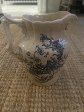 Antique White Ironstone Blue Floral Transferware Pitcher Heavily Stained Crazed