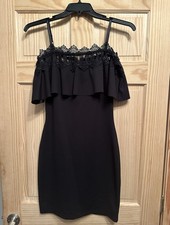 A Byer Black Off Shoulder Lace Trim Bodycon Dress Size 7 Stretch Cocktail