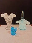 Fenton Opalescent Hobnail Glass Vase, Blue  Handled Basket, Blue Bird figurine