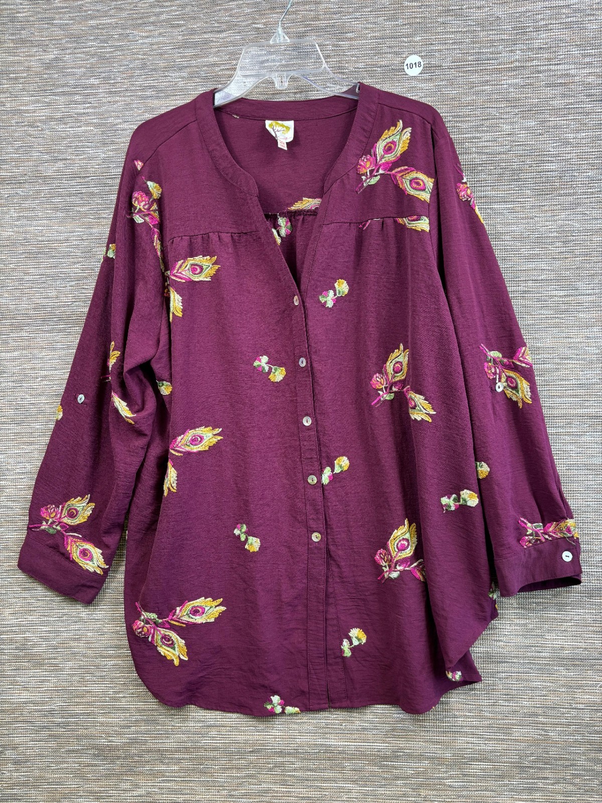 Anthropologie Fig & Flower Top Size 2X Burgundy Embroidery Peacock Feather Boho