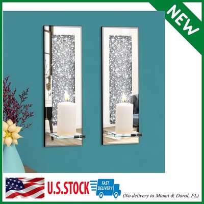 Crystal Crush Diamond Wall Candle Holder Set of 2, Rectangle Silver Mirrored