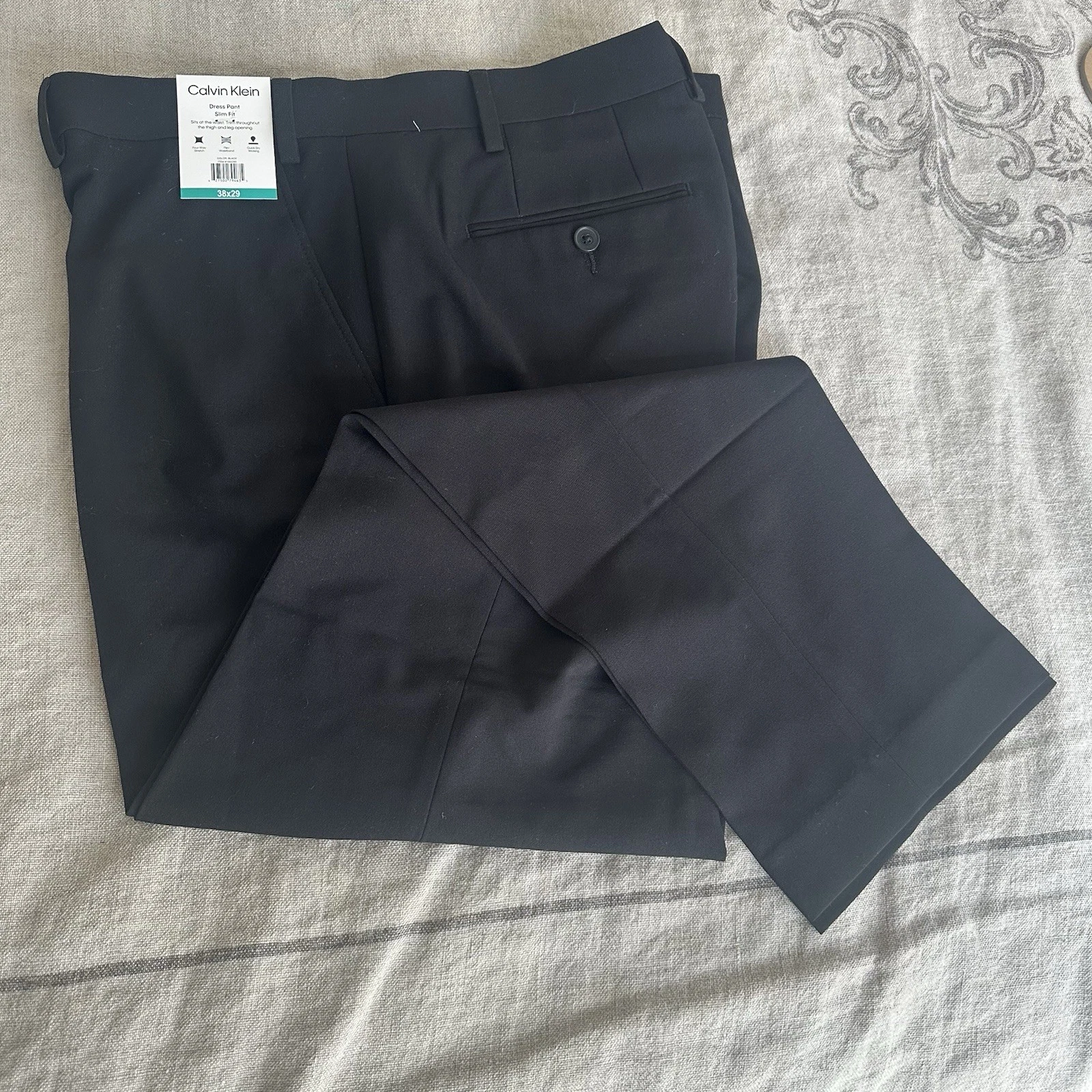 CALVIN KLEIN Men's Slim Fit Dress Pant Stretch Quick Dry Wicking BLACK 38x29 NEW