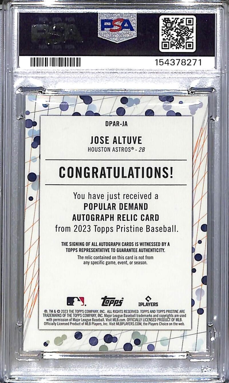 2023 Topps Pristine Popular Demand #DPAR-JA Jose Altuve PSA 9 MINT MEM Auto Astr view 2