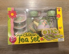 NEW Childrens Tin Tea Set Teapot Pink Green Flowers Schylling 15 Pieces