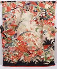 6210T09z1580 Vintage Japanese Kimono Silk FURISODE Pheasant Off-white