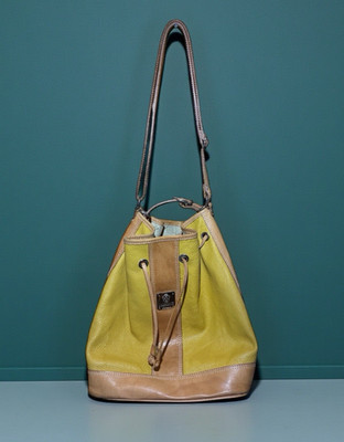 I Medici Firenze Yellow & Tan Italian Leather Drawstring Bucket Shoulder Bag