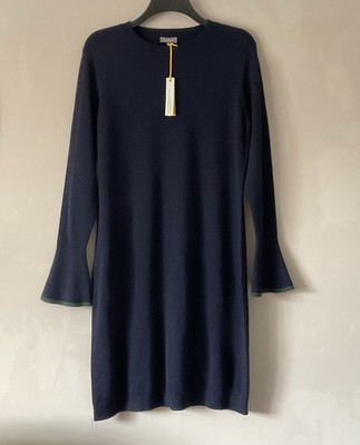 JAEGER BLUE 100% WOOL ROUND NECK 3/4 SLEEVED JUMPER DRESS SIZE L 