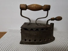 ANTIQUE CAST IRON COAL IRON WOOD HANDLE