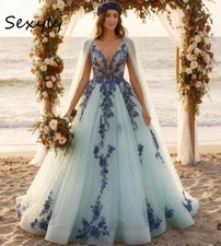 Blue Gothic Wedding Dresses Hippies Beach Lace Bride Dress A Line Tulle V Neck