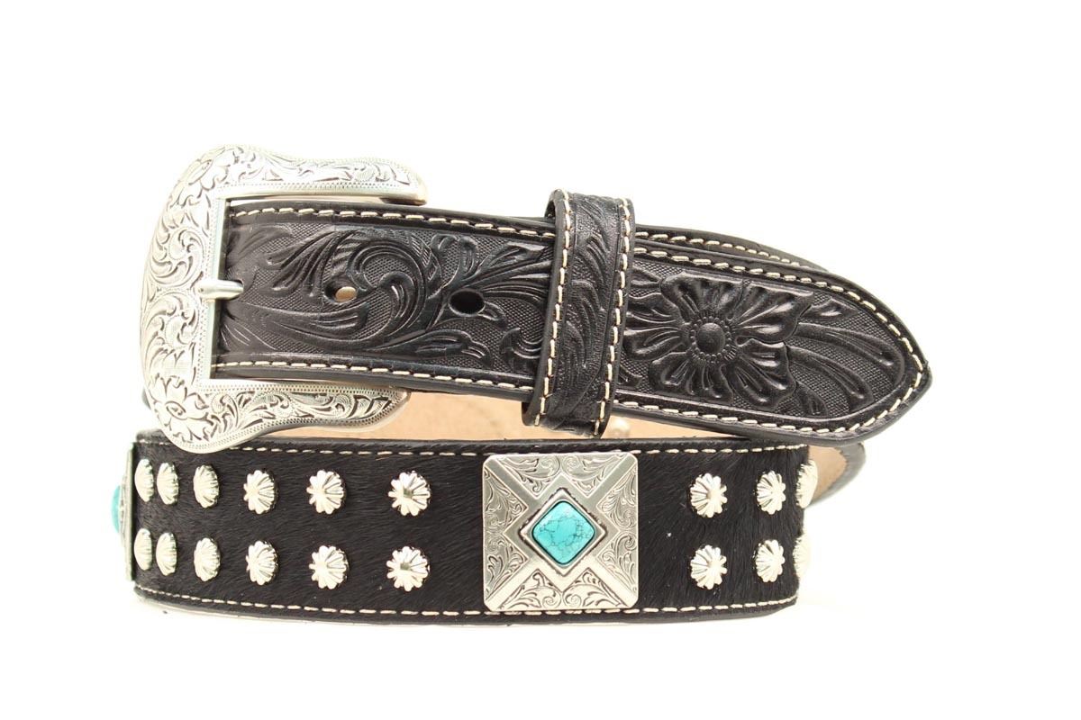 Silver TURQUOISE CONCHOS & Buckle ~BLACK HAIR Leather  display picture 1