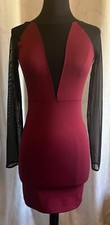 S Kenny & Co Bodycon Deep V Neck Black Mesh Burgundy Party Longsleeve Dress